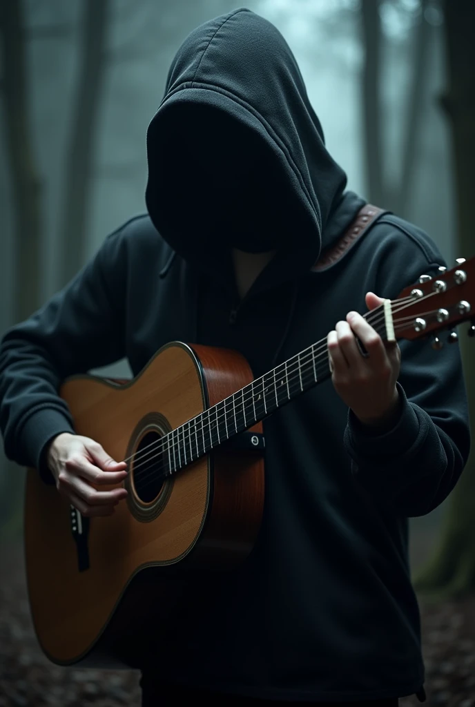 A hooded man playing a guitar