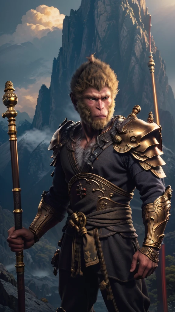 best quality，Very detailed，masterpiece，illustration，wukong（black myth），Determined expression，Glowing eyes，Holding a golden staff，Standing on the peak of a rugged mountain range，There is sunshine around、cloud，Presented as a hero，Close-up，Make the Swinging Golden Staff、Looking into the distance, etc.，Movie-level lighting