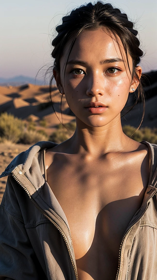 masterpiece, Transition to a desert landscape at sunset, a lonely figure, A beautiful 13-year-old American ager emerges wearing beautiful post-apocalyptic nomadic clothes., White skin, by rubio, gray blue eyes, Freckles in the face, slim body for running, small breasts, Very detailed face, ultra realistic face, very beautiful face, clean but tired face, post-apocalyptic clothing. Layers of tattered fabric, unconventional accessories, and a worn appearance create an aura of survival and resistance., 16k, ultra high resolution.photorealistic, HD, raw, DSLR, with the face of jeniffer lawrence