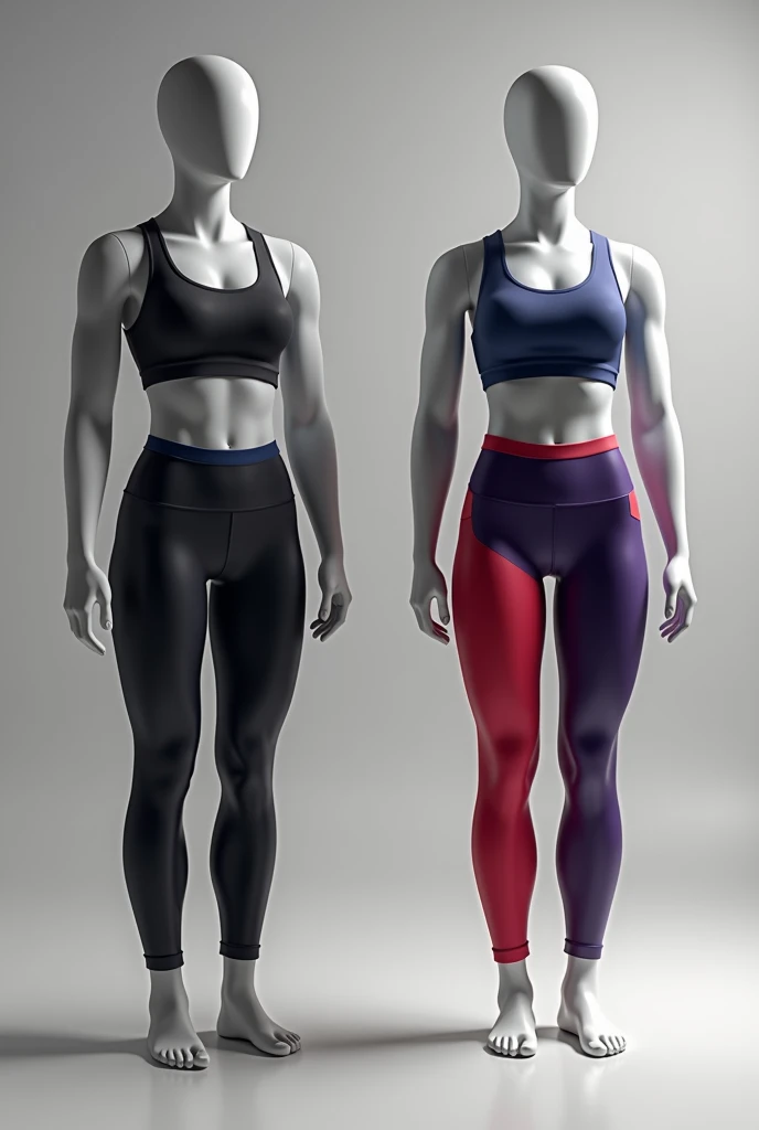 Design hyper-realistic gym apparel, focusing on professional-grade detail and quality. The clothing line should include leggings, sports bras, tank tops, and shorts. Use materials like high-stretch Lycra and moisture-wicking fabrics, capturing every crease and texture. Colors range from classic black and gray to vibrant shades of navy blue, deep purple, and crimson red. Display the garments on digital mannequins with athletic builds, in active poses that showcase the comfort and flexibility of the apparel. Add realistic lighting that simulates a professional studio setup, with soft shadows and subtle reflections to enhance the fabric's texture. The background should be a smooth, neutral gradient, such as light gray to white, to draw full attention to the clothing. Ensure the images are rendered at 8K resolution, with fine details like stitching and fabric grain visible. This is essential for showcasing on a high-end e-commerce platform, where quality and detail are paramount.