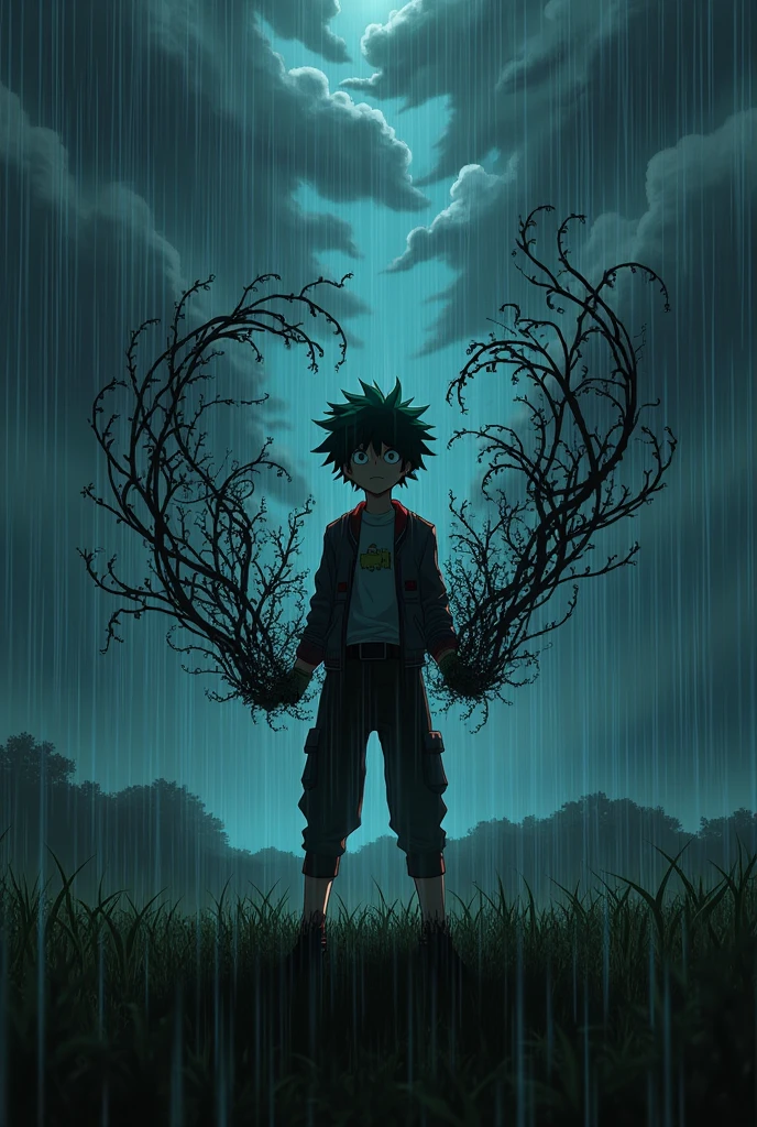 Deku from my hero academia with dark background and using his black web power in rain