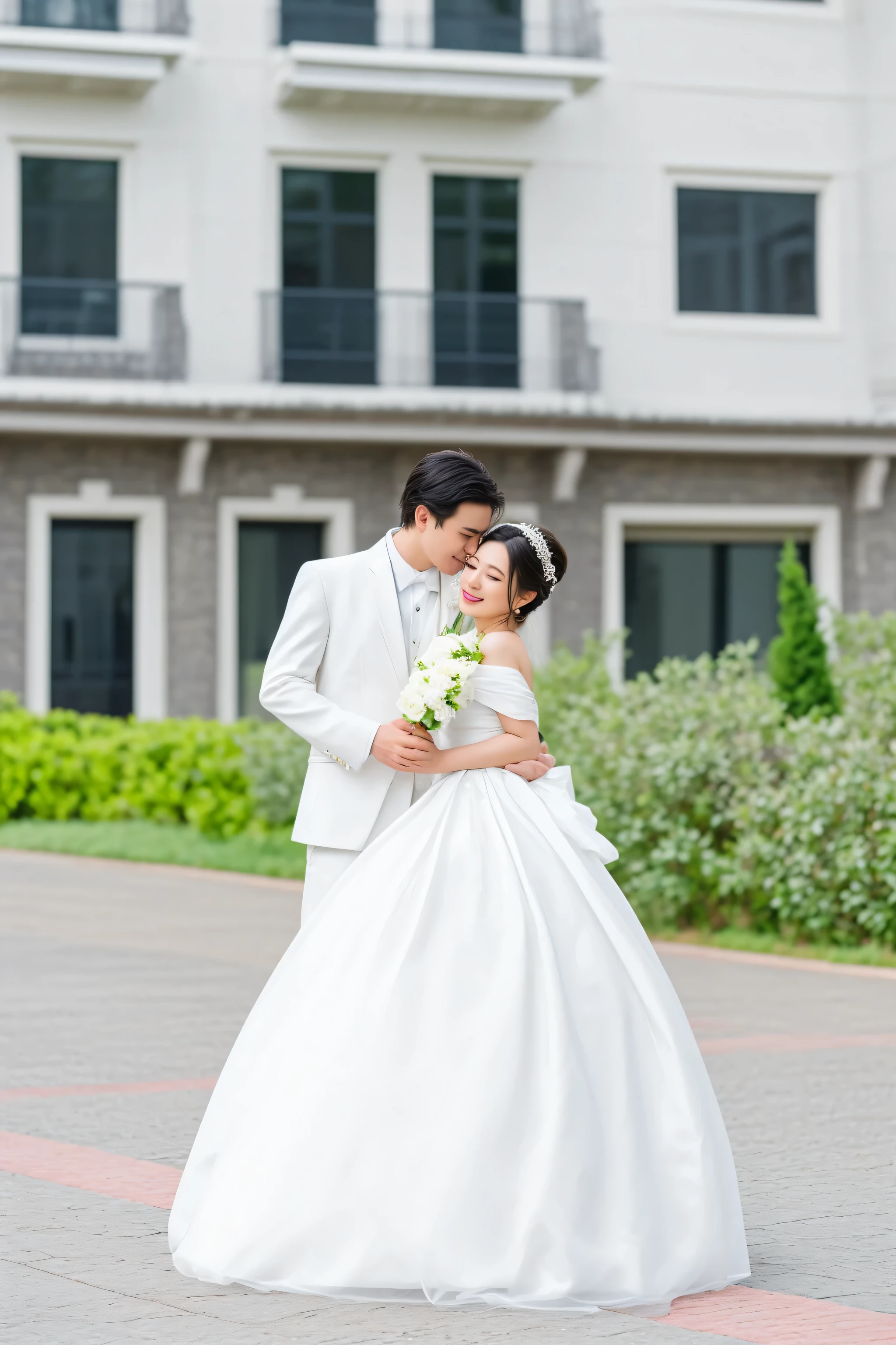 bride and groom in white wedding dress hugging each other in front of a building, wedding photo, professional wedding photography, wedding photography, bride and groom, happy couple, wedding, lovely couple, portrait shot, couple pose, photo taken with nikon d 7 5 0, photo taken with nikon d750, wearing a wedding dress