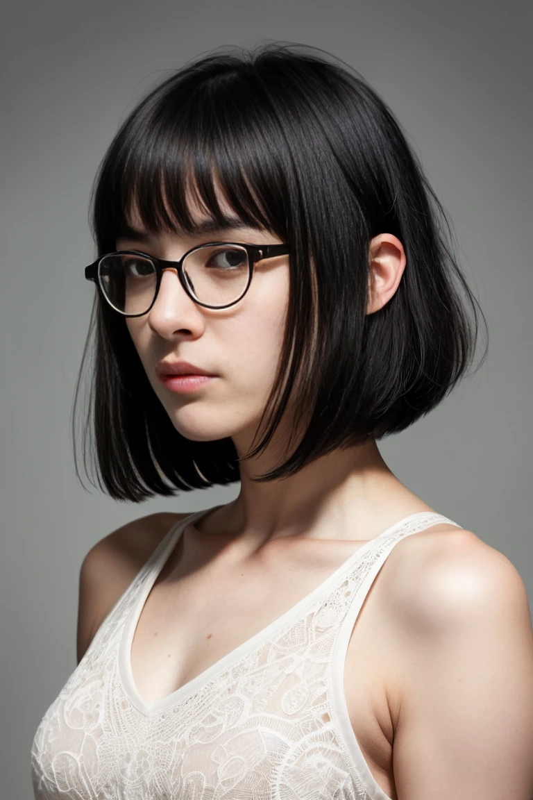(18 year old woman), (black hair, short hair, bangs, hair down to her shoulders) ((round glasses on her face)) (white skin) angry, western face, dark circles, sad and tired and droopy face, pimples on her face , thin nose, ((best quality)), ((ultra resolution)), ((Photorealistic: 1.4)), (intricate details) visible legs