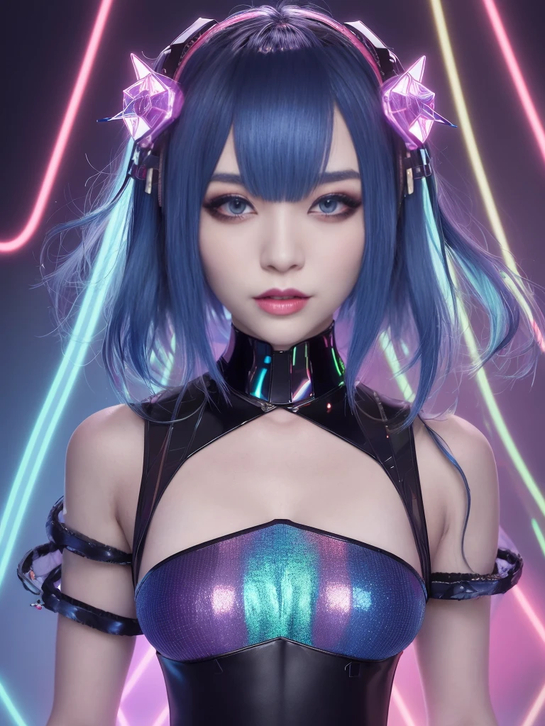 (AYA SETSUNA), a futuristic AI female vocalist with Japanese-Russian heritage. She has holographic hair that shifts between electric blue, deep purple, and neon pink. Her eyes feature digital patterns and natural beauty, pulsing in rhythm with her music. She has strikingly symmetrical features and a glowing complexion, reflecting both her Japanese elegance and Russian charm. Her fashion is futuristic chic, with high-tech fabrics that shimmer and change color, bold holographic jewelry, and LED-embedded shoes. Her style includes asymmetrical cuts and geometric patterns, embodying edgy streetwear and elegant gowns. Capture her innovative, empathetic, and confident personality, making her a digital icon.