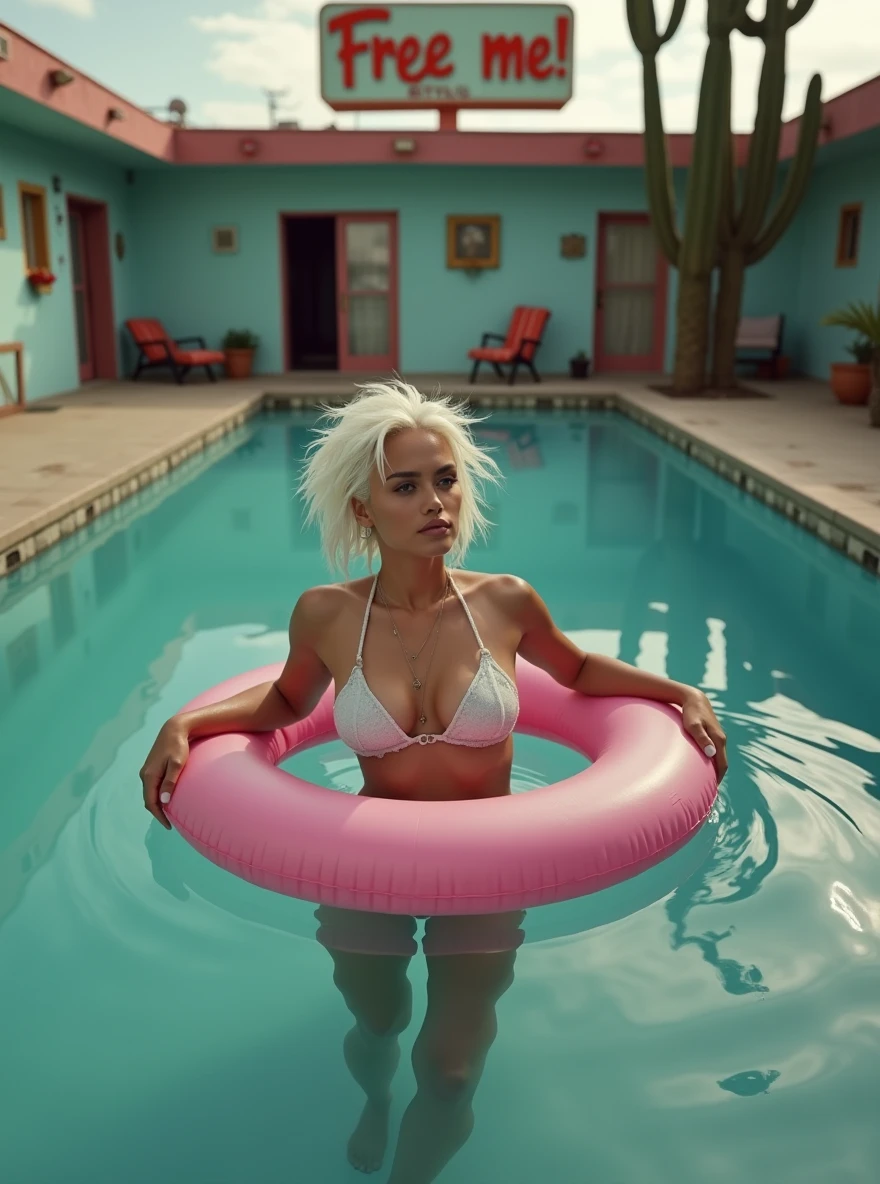 8k, raw documentary cinematic, dramatic Analog raw pro, A split-level shot captures a 24-year-old wet busty bimbo beauty with white punk hair, lounging on a pink pool float. Half-submerged lens reveals her ultra-slim deformed by water figure in a bikini, cigarette in hand. The dilapidated Mexican motel pool, surrounded by cacti, exudes eerie charm. A weathered sign pleads "Free me!" Golden hour light bathes the scene, highlighting hyper-realistic details: dust motel