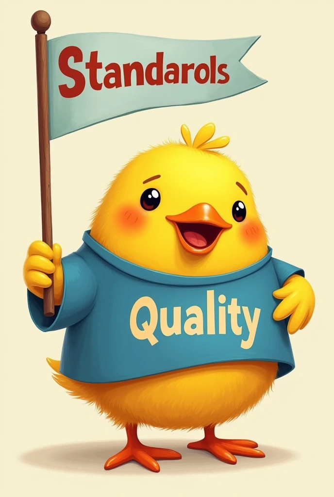 Cute, fat yellow chick with a flag that says Standards and a blue shirt that says Quality