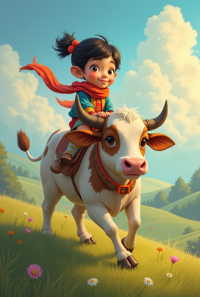 Phi Tan rides a cow.
