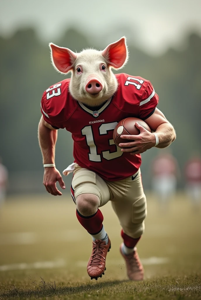 An American football player running with a pig as the football