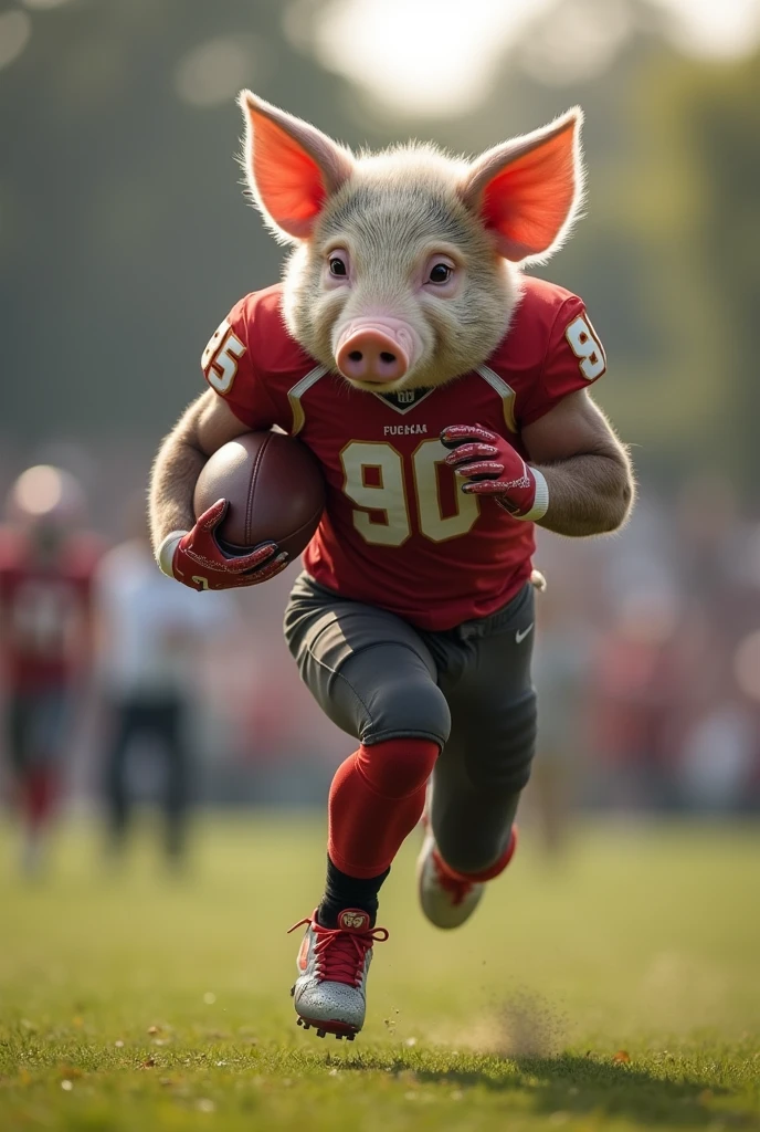 An American football player running with a pig as the football
