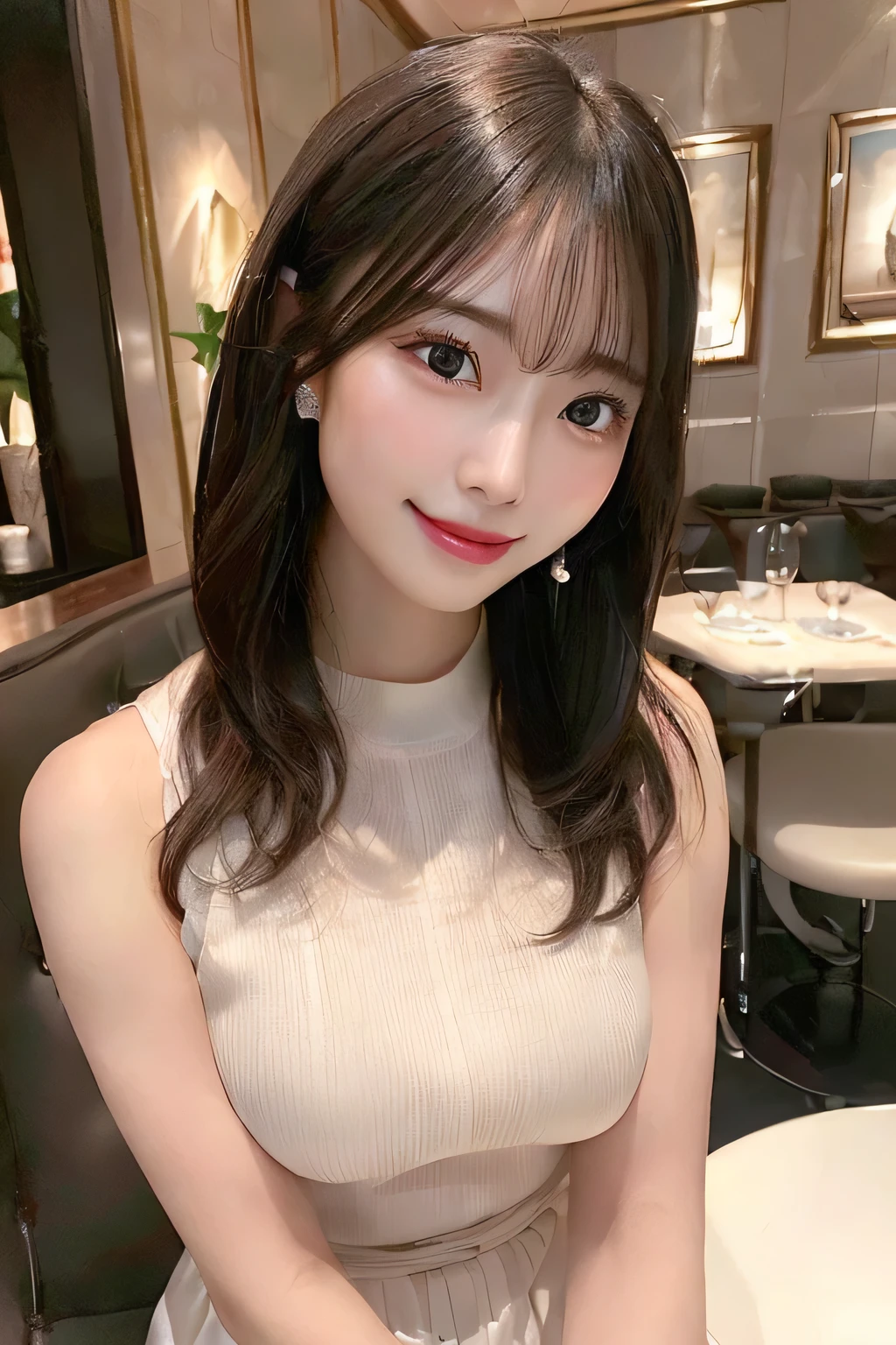 (Ultra - High resolution:1.5)(super detailed:1.3) (super high quality) (Super high quality:1.5) (realistic pictures:1.3) japanese woman　21 years old　((Detailed and beautiful face:1.3)) ((realistic skin texture:1.say exactly, high quality eyes:1.3)) ((The beauty of detailed and high-quality ears, My skin is very fair and transparent.:1.3)) ((beautifully groomed straight short bob hair))complete body　Beautiful proportions　(Sleeveless shirt made of thin fabric)　long gathered skirt　The inside of the cafe at dusk in the background...　beautiful, Luxurious and stylish interior　((Give a kind smile to the viewer:1.3)) wet half-open lips　 Amazing high resolution quality
