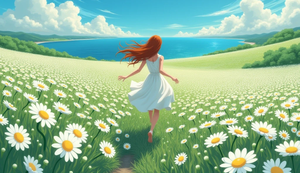 A greeny landscape with ocean of white daisy flowers and the ambience is so light and peaceful where a woman with a long red-brown hair and wearing a white dress running in the midst of it but her back only is visible. make the picture from the sky down to landscape. Make the picture like a ghibli illustration