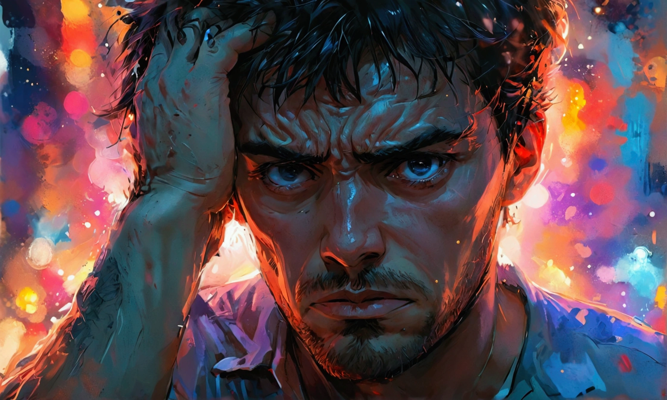 MAN PUTTING HIS HAND ON HEAD FRUSTRATION,FRUSTRATION,FRUSTRATION,manga style art