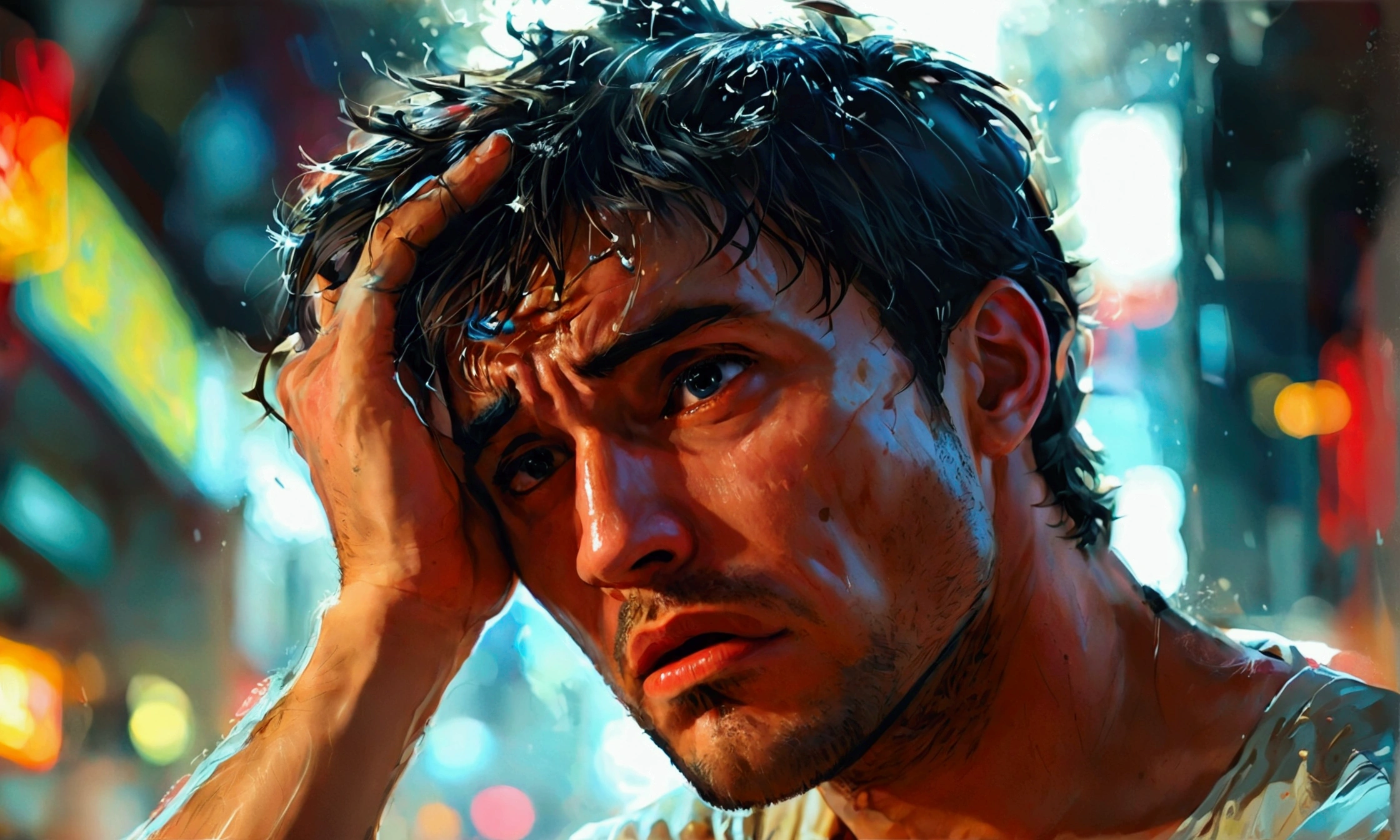 MAN PUTTING HIS HAND ON HEAD FRUSTRATION,FRUSTRATION,FRUSTRATION,manga style art
