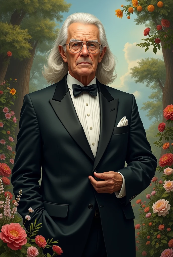 ((best quality)), ((masterpiece)), (detailed), perfect face, older gentleman, suit, long hair, flower and tree background