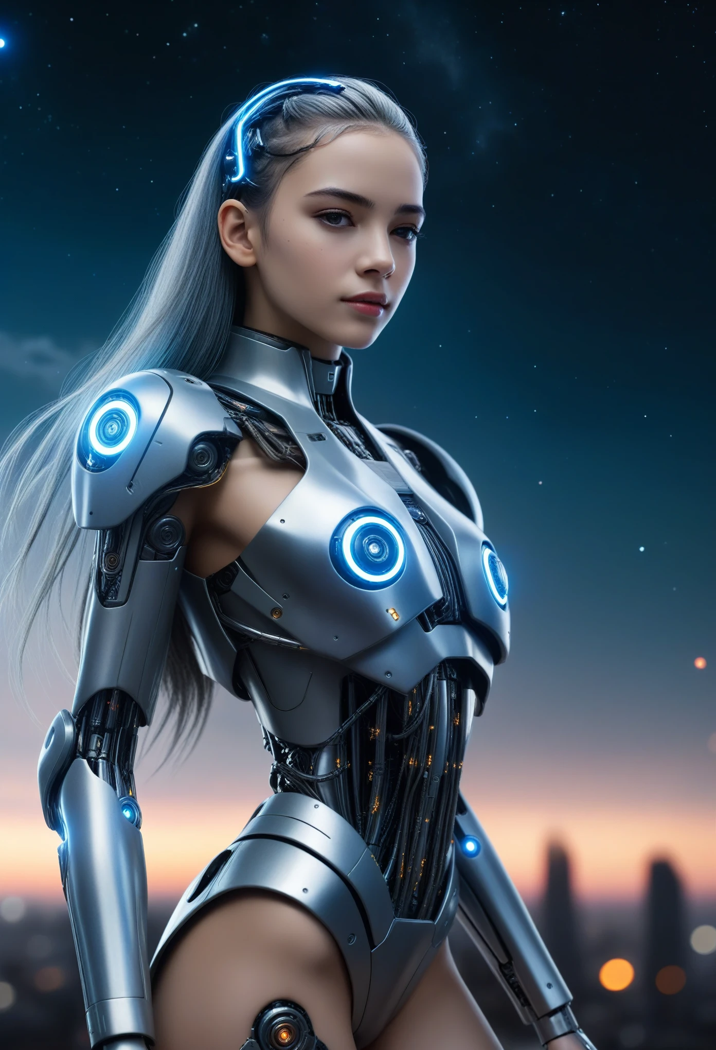 masterpiece, 4k, 8k, highres, (realistic:1.37), (photorealistic:1.37), (photo-realistic:1.37), ultra-detailed, (detailed cyborg:1.2), 1 beautiful girl, cyberpunk, mecha, starry sky, performer, cape, headband, thin legs, long gray hair, depth of field, blurred background