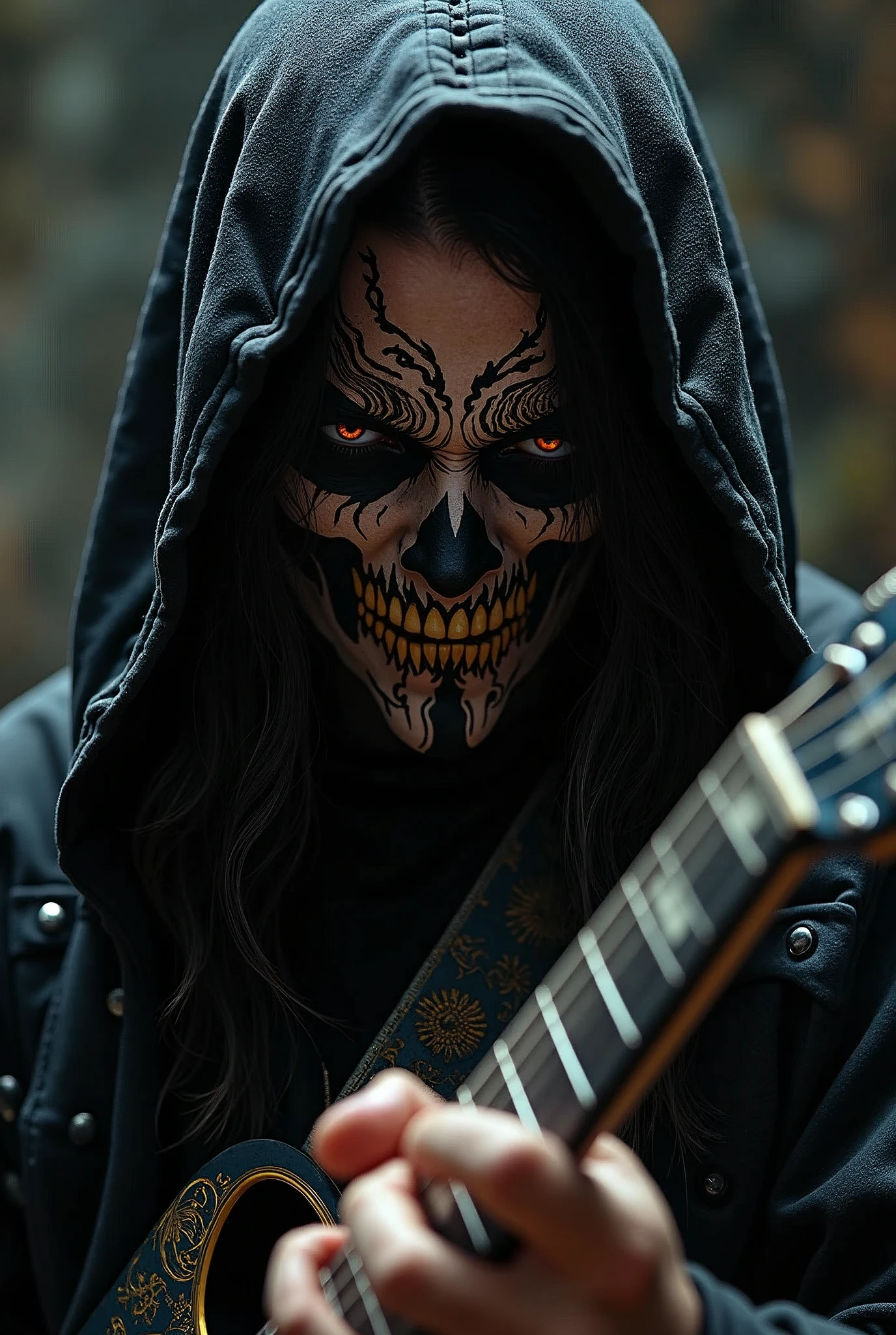 a close up of a person with a guitar in a dark room, black metal style, black metal aesthetics, black metal, metalhead, felix englund style, black metal rococo, just art for dark metal music, with black metal face paint, beastman concept, heavy metal art style, berserker, corpsepaint, heavy metal artwork, dark metal