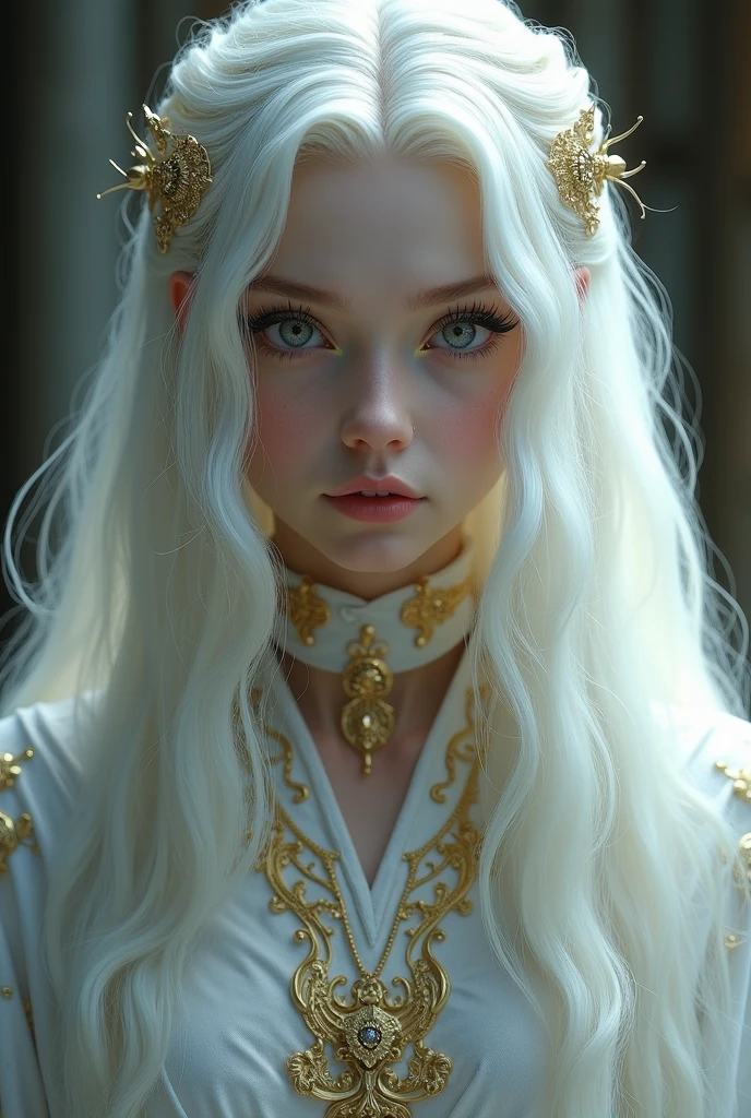 A young aasimar with long white hair, completely black eyes, detailed facial features, beautiful detailed eyes, beautiful detailed lips, extremely detailed eyes and face, long eyelashes, porcelain skin, glowing ethereal appearance, angelic, divine, serene expression, ornate white flowing robe, intricate golden details, dramatic lighting, cinematic, epic, highly detailed, 8k, photorealistic, chiaroscuro, dramatic shadows, glowing, ethereal, mystical, fantasy