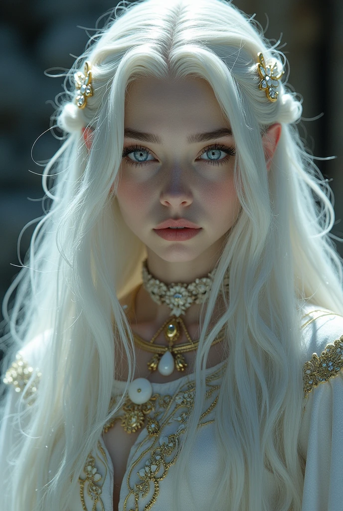 A young aasimar with long white hair, completely black eyes, detailed facial features, beautiful detailed eyes, beautiful detailed lips, extremely detailed eyes and face, long eyelashes, porcelain skin, glowing ethereal appearance, angelic, divine, serene expression, ornate white flowing robe, intricate golden details, dramatic lighting, cinematic, epic, highly detailed, 8k, photorealistic, chiaroscuro, dramatic shadows, glowing, ethereal, mystical, fantasy