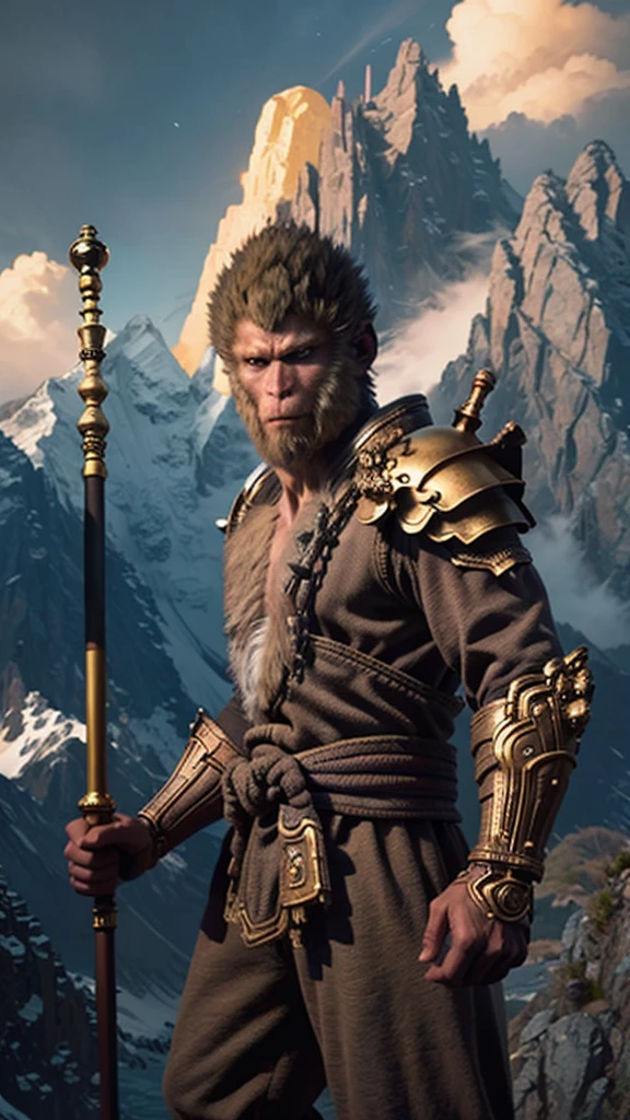 best quality,Very detailed,masterpiece,illustration,wukong(black myth),Determined expression,Glowing eyes,Holding a golden staff,Standing on the peak of a rugged mountain range,There is sunshine around、cloud,Presented as a hero,Close-up,Make the Swinging Golden Staff、Looking into the distance, etc.,Movie-level lighting