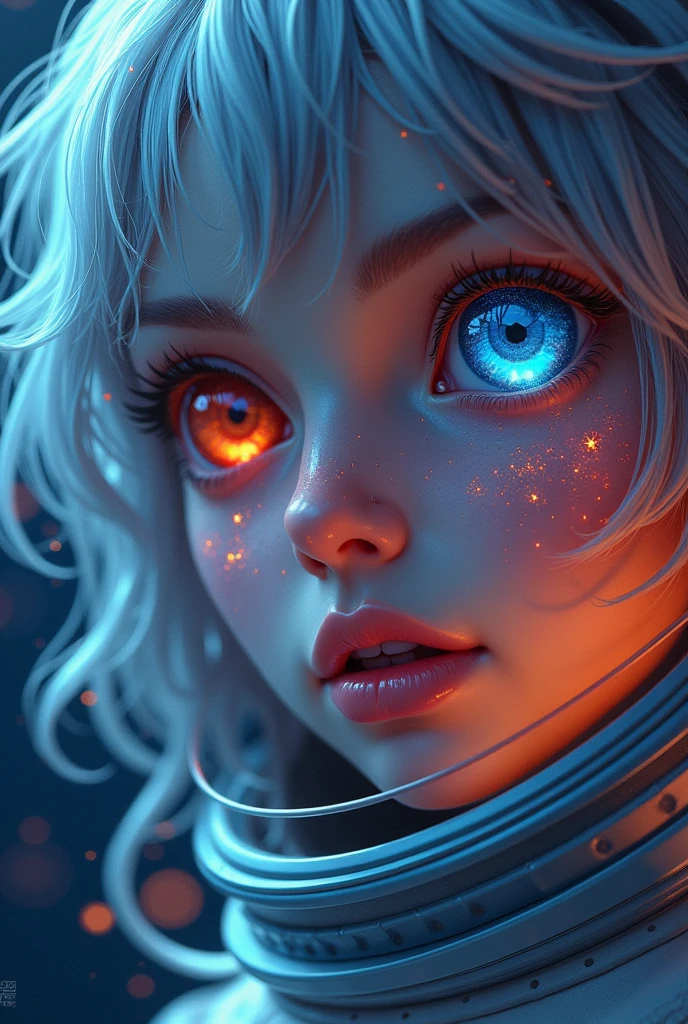 (Close-up of a better masterpiece:1.5)0.9], (Space and astronauts:1.2) (Messy silver hair:1.1) (Heterochromia xanthochromia and blue eyes:1.2) (Space Helmet:1.0) (Colored stars in the eyes:1.0) (A radiant glow:1.1) (thick lips:0.9)