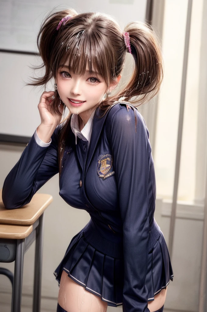 Kujikawa Def,Twin tails,school uniform,Seraph of the Black,Long sleeve,skirt,Knee socks,jewelry,Earrings,Straddle,
Highest quality, Very detailed, masterpiece, Absurd,8k,   photoRealistic, Realistic,Detailed skin texture,Detailed pupil,High resolution,Natural light,
One girl,alone,(Happy:1.1),(smile:1.2),short hair,Brown Hair,(Angular face:1.2),Shining Face,Large Breasts, Nipples,Tight waist, Lip Makeup,Wet shirt(Orgasm:1.6)Spread your legs,Open Stance,classroom(Torn uniform:1.7)