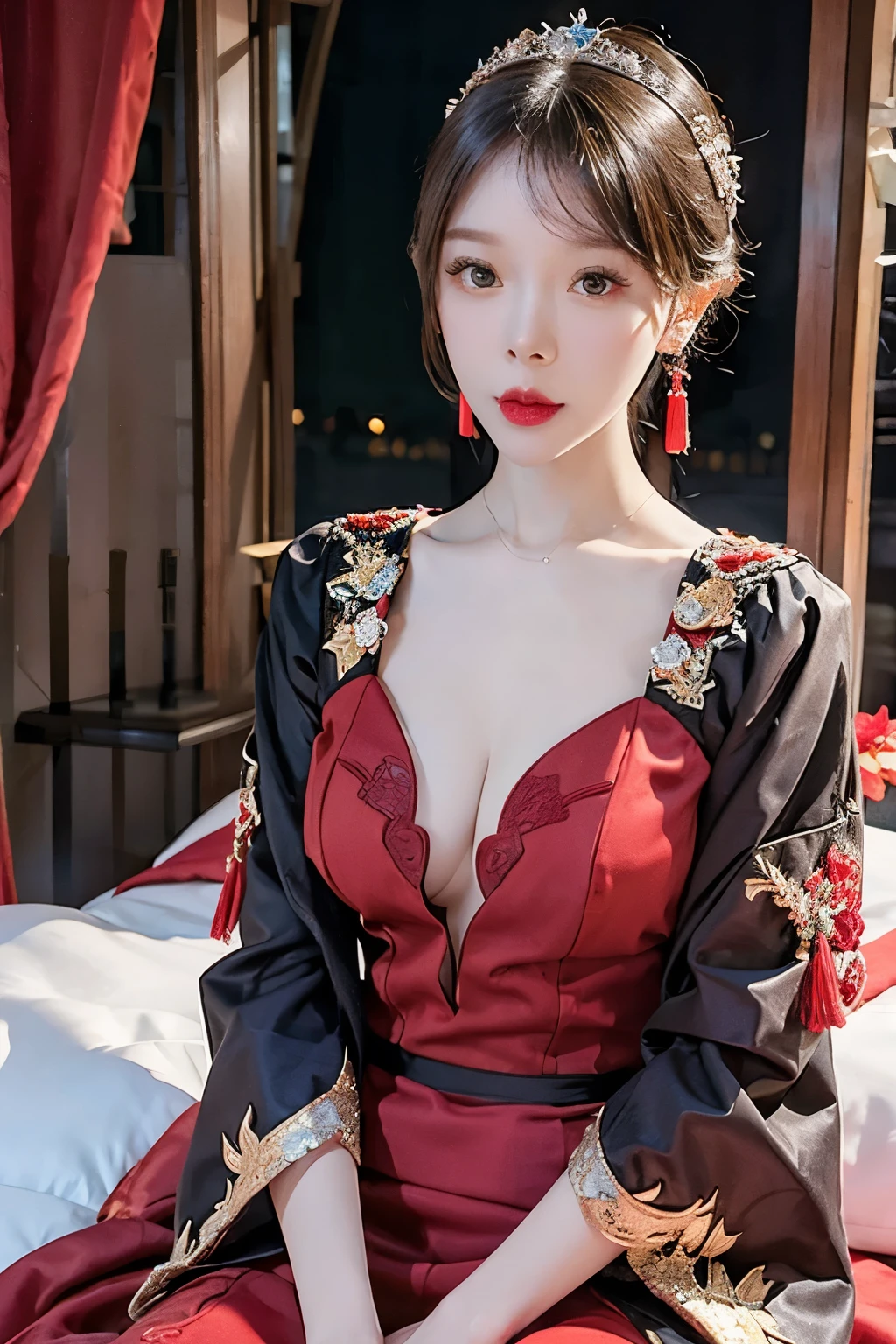 (ultra realistic 8k CG:1.2),perfect artwork,delicate pattern,intricate detail, (unparalleled masterpiece,best quality:1.2),(extremely intricate:1.2),a woman in a red and gold dress, Phoenix crown,hair stick,(sitting on red bed),Cosmetic,blush,shy,black_hair, looking down, Cosmetic,(forehead dot),(2 red candles), chinese_clothes, curtains, earrings, white hair, hair_ornament, hanfu, indoors, jewelry, red nails, long_sleeves, red dress, red lips, tassel, (Red quilt),(red palace:1.2),(ancient Chinese architecture),(red:1.8),night