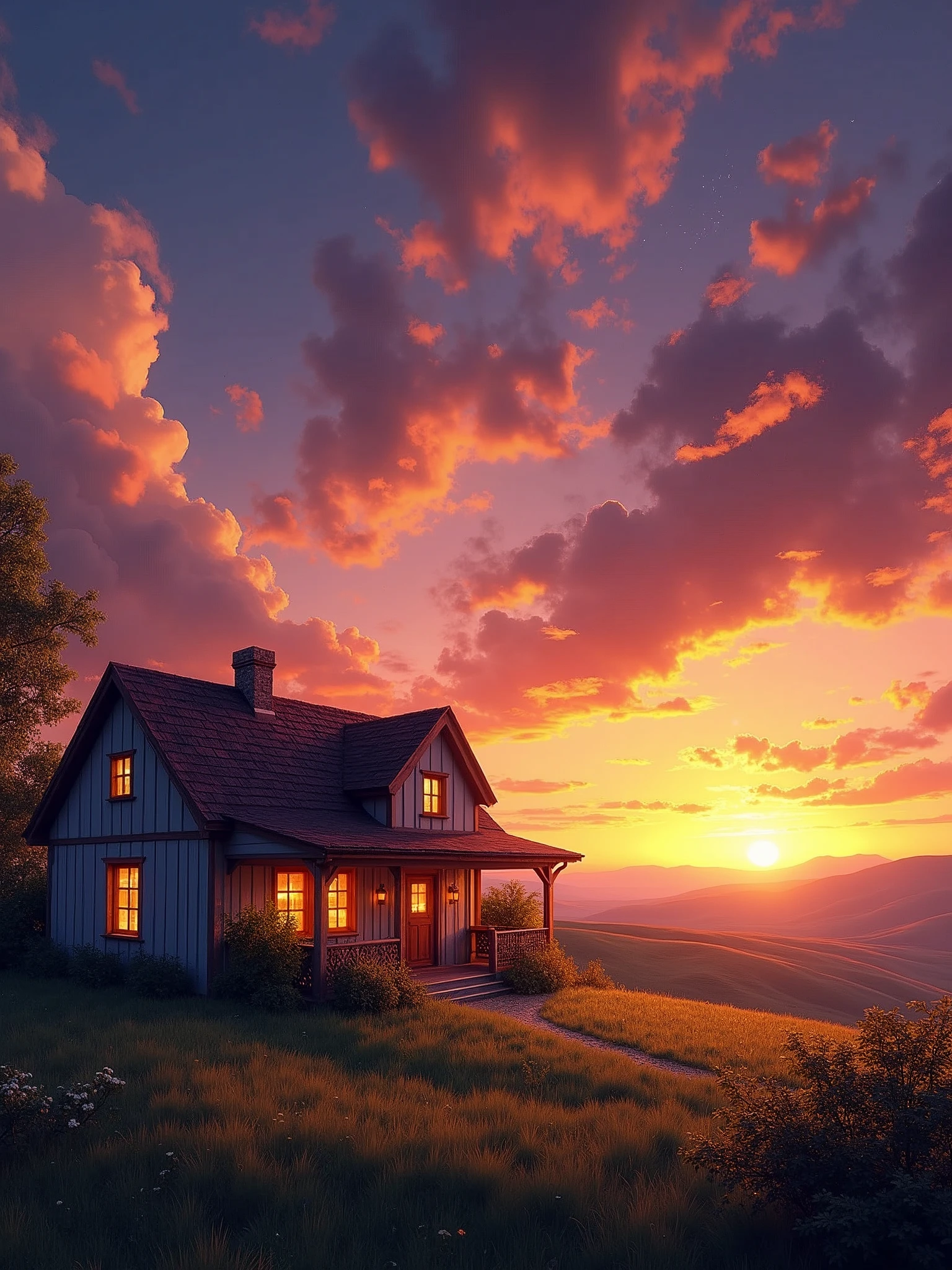 A cozy house in the countryside during sunset, glowing with warm lights from within. The sky is filled with dramatic, colorful clouds illuminated by the last light of the day, and stars are beginning to appear in the deepening twilight. The scene is tranquil, with a sense of calm and serenity.