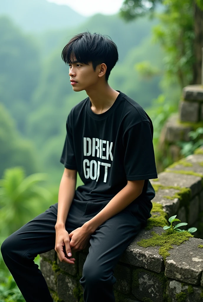 A young man with black hair, wearing a black shirt with white letters, sits on a stone wall.