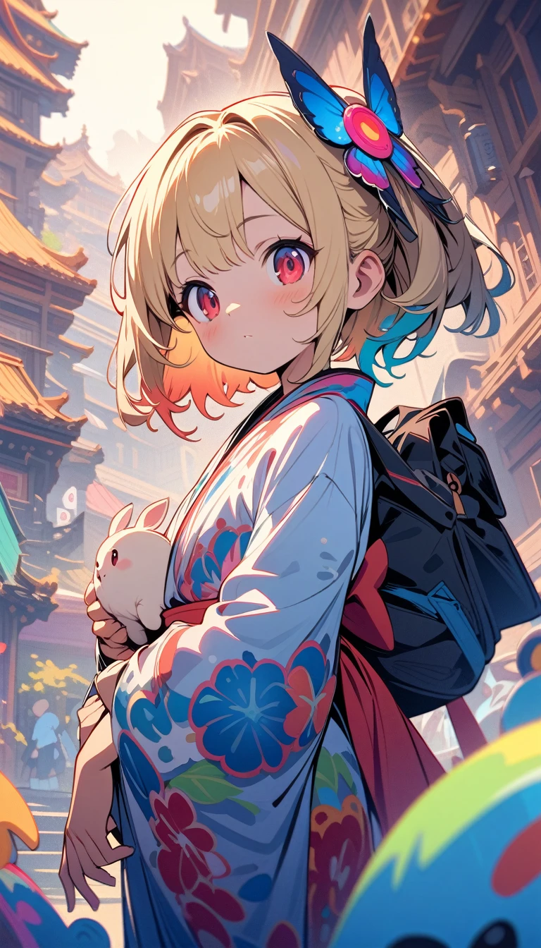 ((best quality)) , ((masterpiece)) , (detailed),Cute blonde anime girl in a kimono, flying with a cute small creature on her back, wearing light pink and white with blue patterns, with red eyes, against a simple background, in a colorful cartoon style, from a low angle view, as a detailed illustration, fantasy art in the style of artwork, with soft lighting, at a high resolution, using bright colors, creating a vibrant atmosphere.