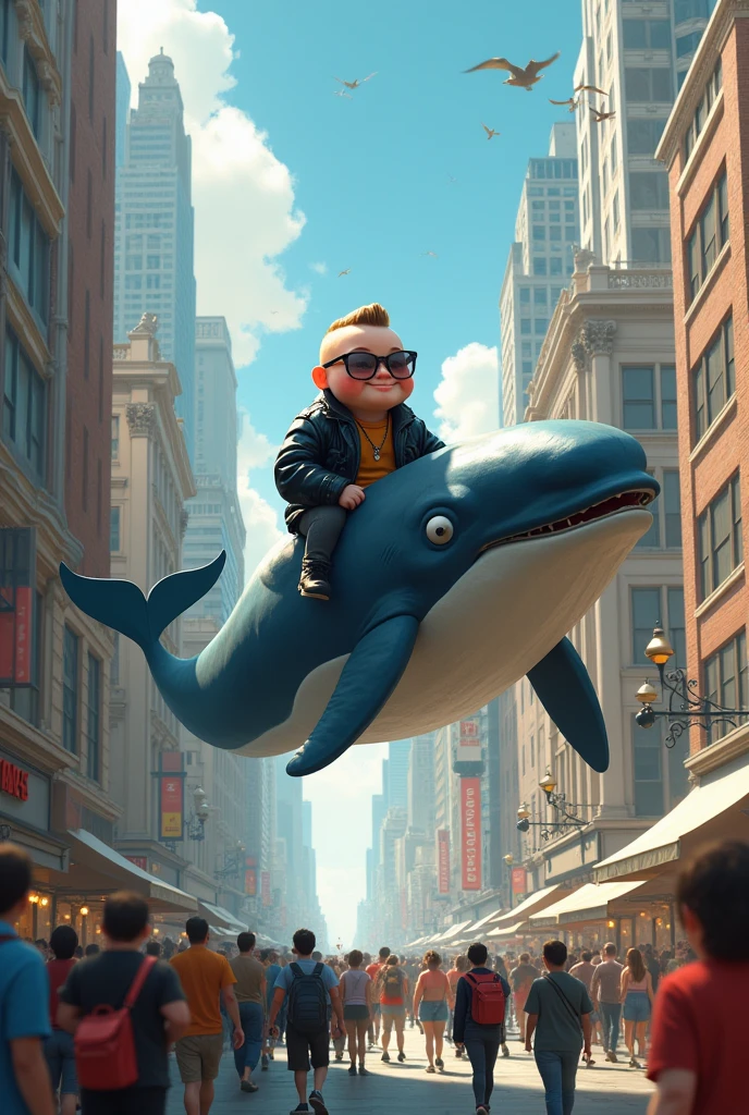 a fat little boy with chubby cheeks wearing s
unglasses and a black leather jacket was riding a whale in the middle of town