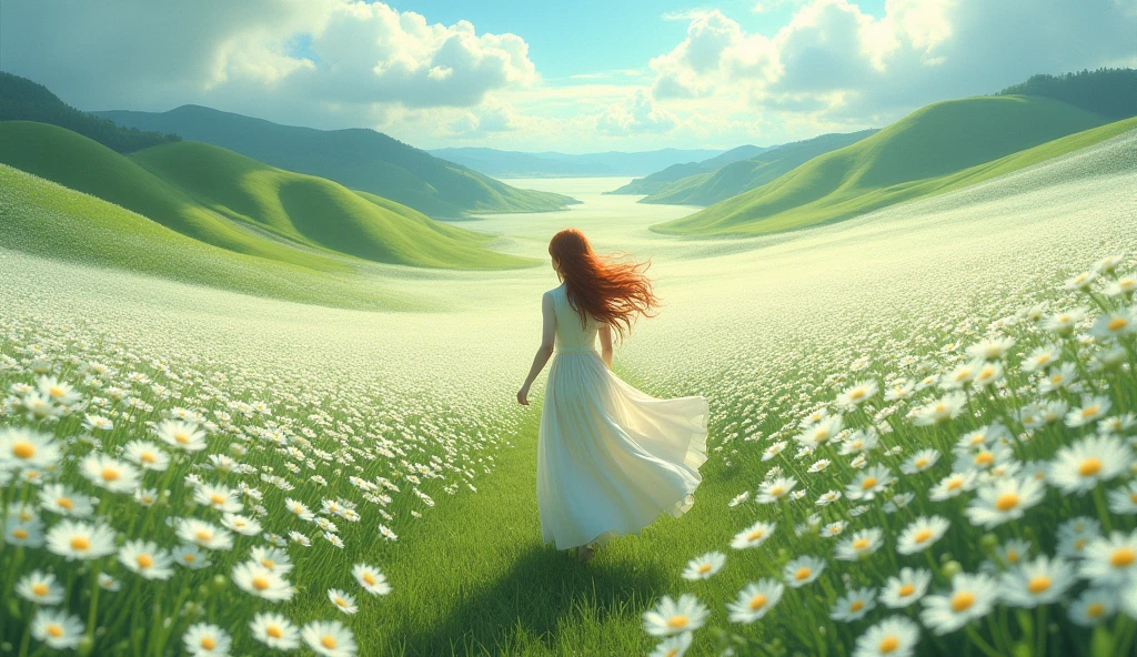 A greeny landscape with ocean of white daisy flowers and the ambience is so light and peaceful where a woman with a long red-brown hair and wearing a white dress running in the midst of it but her back only is visible. make the picture from the sky down to landscape.