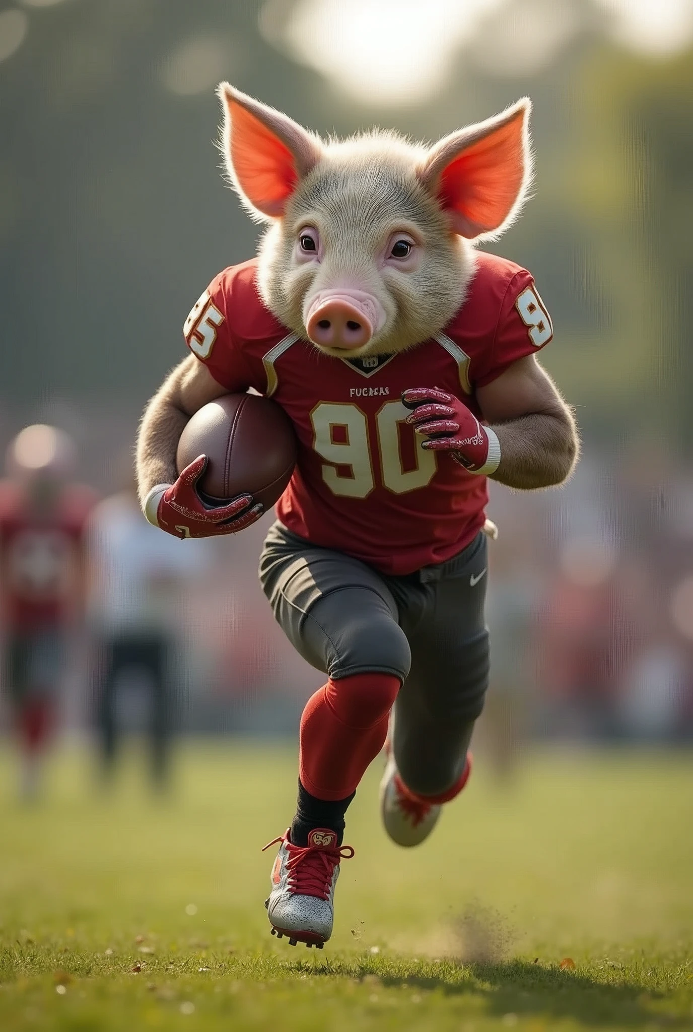 An American football player running with a pig as the football