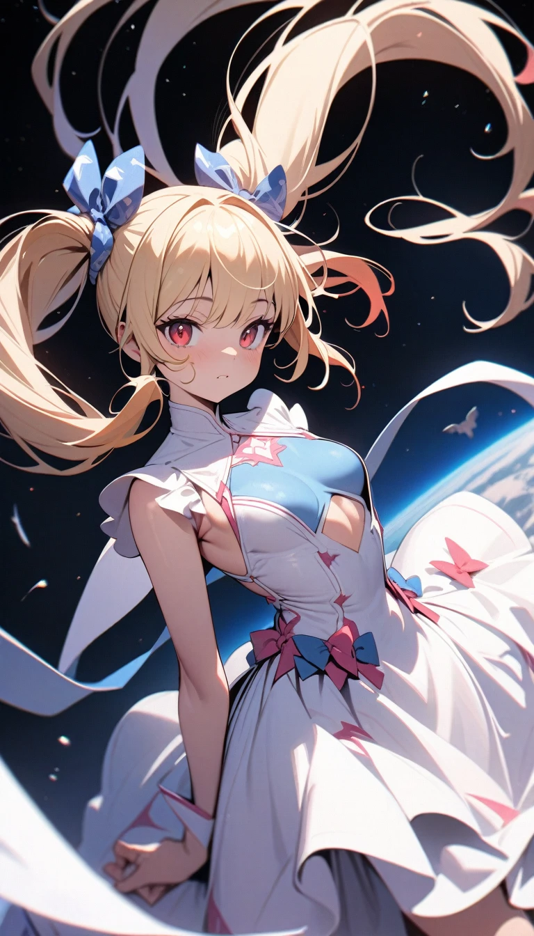 ((best quality)) , ((masterpiece)) , (detailed),A cute blonde girl with red eyes, dressed in pink and white  decorated with blue patterns on the chest area of her dress is flying through space. She has long hair tied back in two pigtails that have bows on them. There's an owl perched next to her. The background is a clear sky. In the style of Japanese anime art.