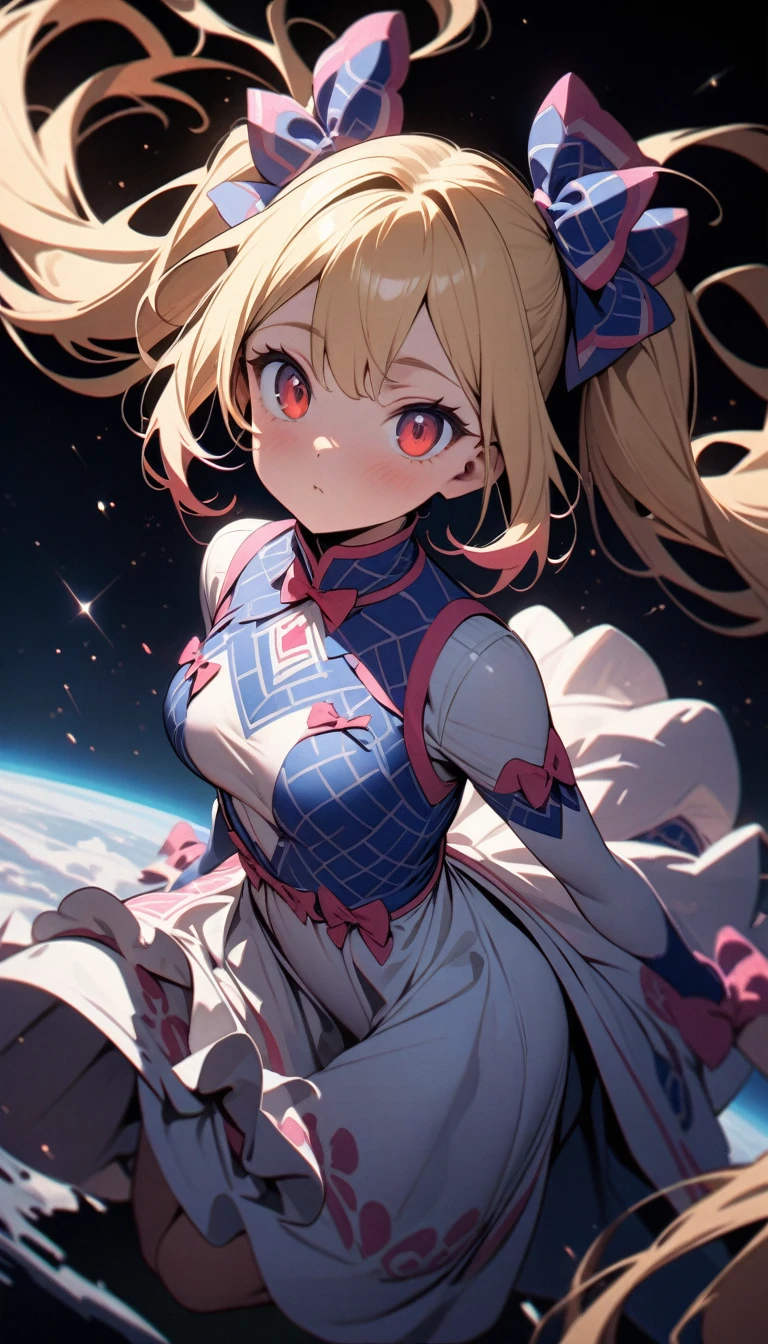 ((best quality)) , ((masterpiece)) , (detailed),A cute blonde girl with red eyes, dressed in pink and white  decorated with blue patterns on the chest area of her dress is flying through space. She has long hair tied back in two pigtails that have bows on them. There's an owl perched next to her. The background is a clear sky. In the style of Japanese anime art.