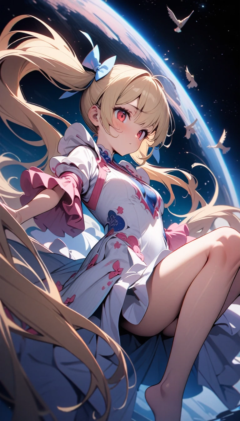 ((best quality)) , ((masterpiece)) , (detailed),A cute blonde girl with red eyes, dressed in pink and white  decorated with blue patterns on the chest area of her dress is flying through space. She has long hair tied back in two pigtails that have bows on them. There's an owl perched next to her. The background is a clear sky. In the style of Japanese anime art.