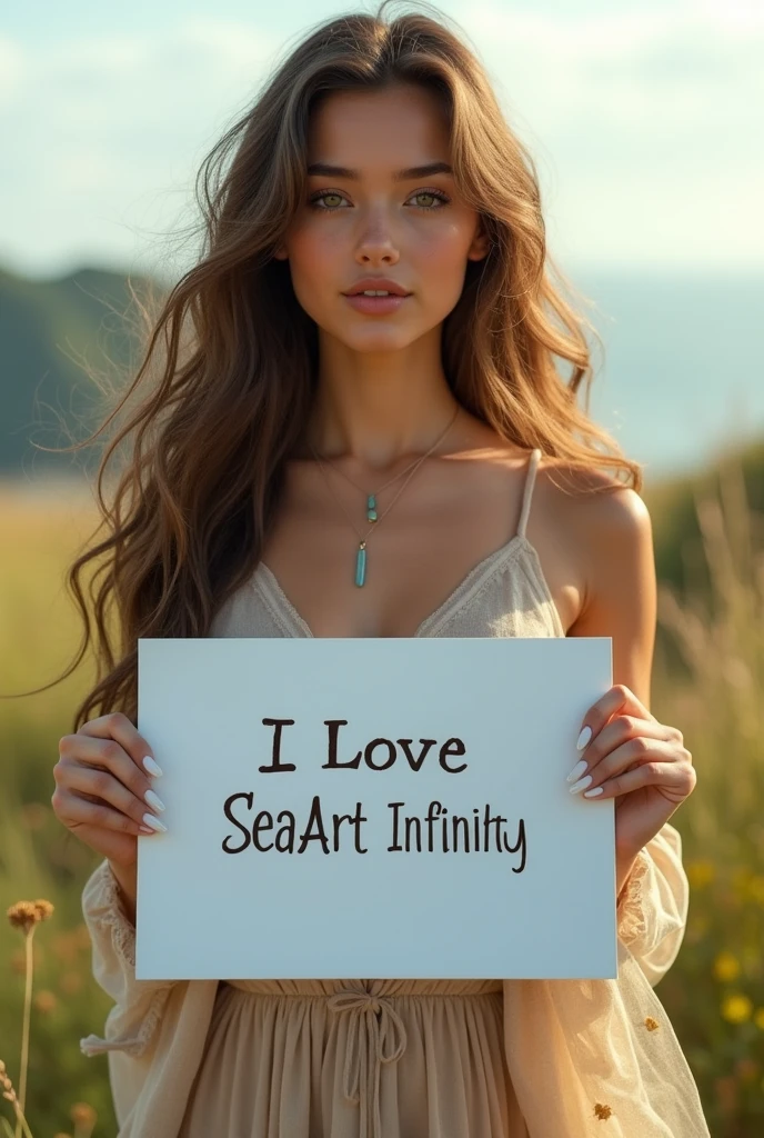 Beautiful girl with wavy long hair, bohemian dress, holding a white board with text "I Love Seaart Infinity" and showing it to the viewer