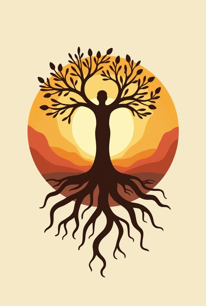 Logo in autumn colors that include roots, A silhouette of a person and an olive tree for a foundation called Healing Roots