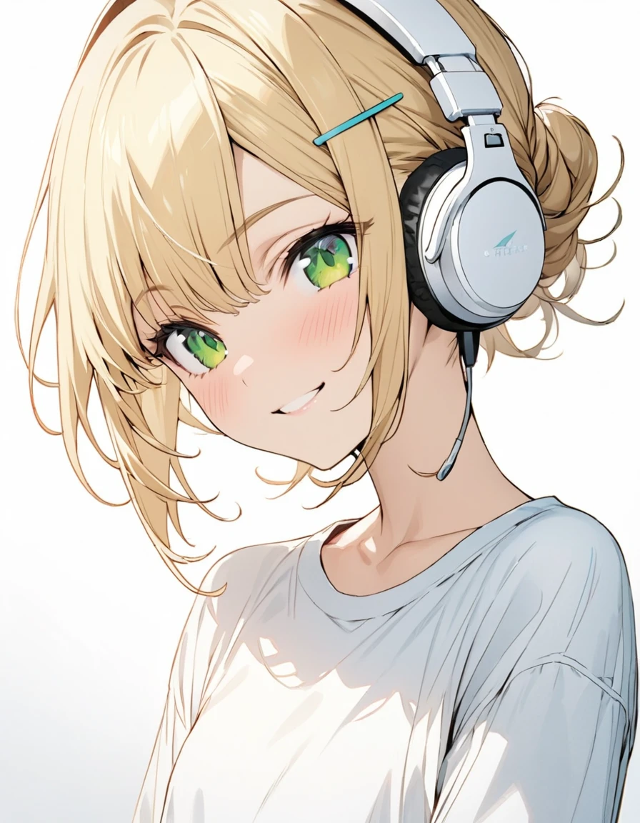 ((ultra-detailed))/one women, short blonde hair and bob hair.、beautiful green eyes、a braid, I tied my hair in a bun with a hair clip..、smile、gentle smile on her face、flat chest, one Beautiful girl,((masterpiece, illustration, best quality) ((ultra-detailed))/solid white background,blank background, while wearing wireless white headphones, full upper body