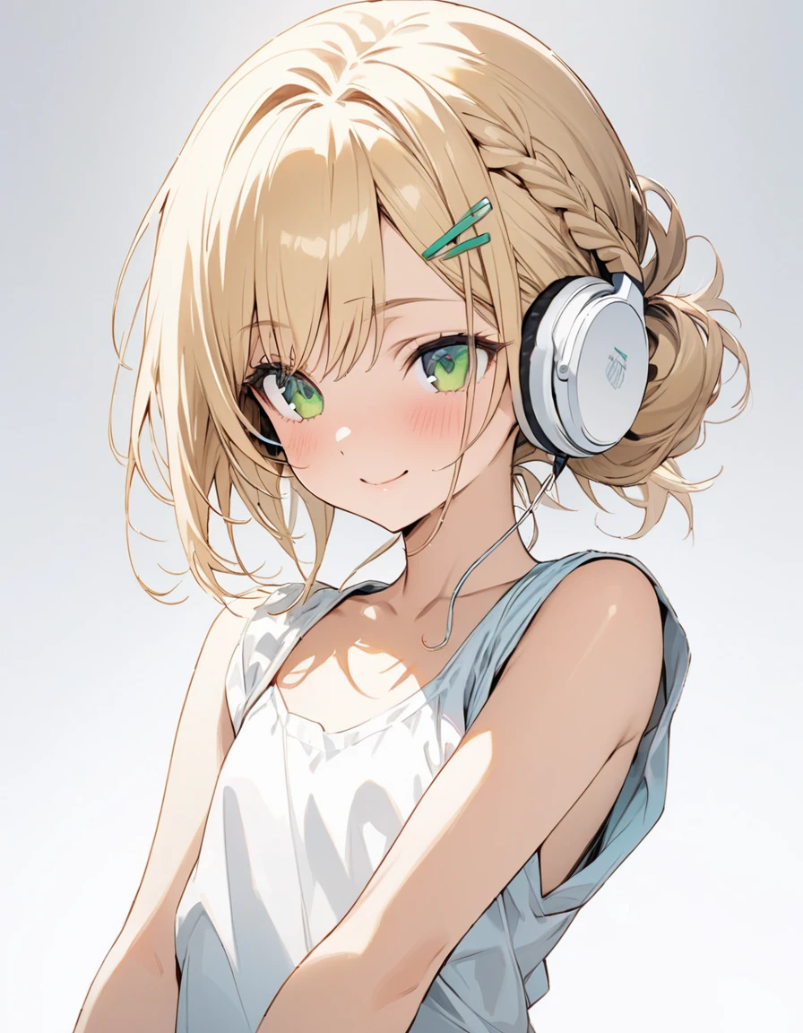 ((ultra-detailed))/one women, short blonde hair and bob hair.、beautiful green eyes、a braid, I tied my hair in a bun with a hair clip..、smile、gentle smile on her face、flat chest, one Beautiful girl,((masterpiece, illustration, best quality) ((ultra-detailed))/solid white background,blank background, while wearing wireless white headphones, full upper body