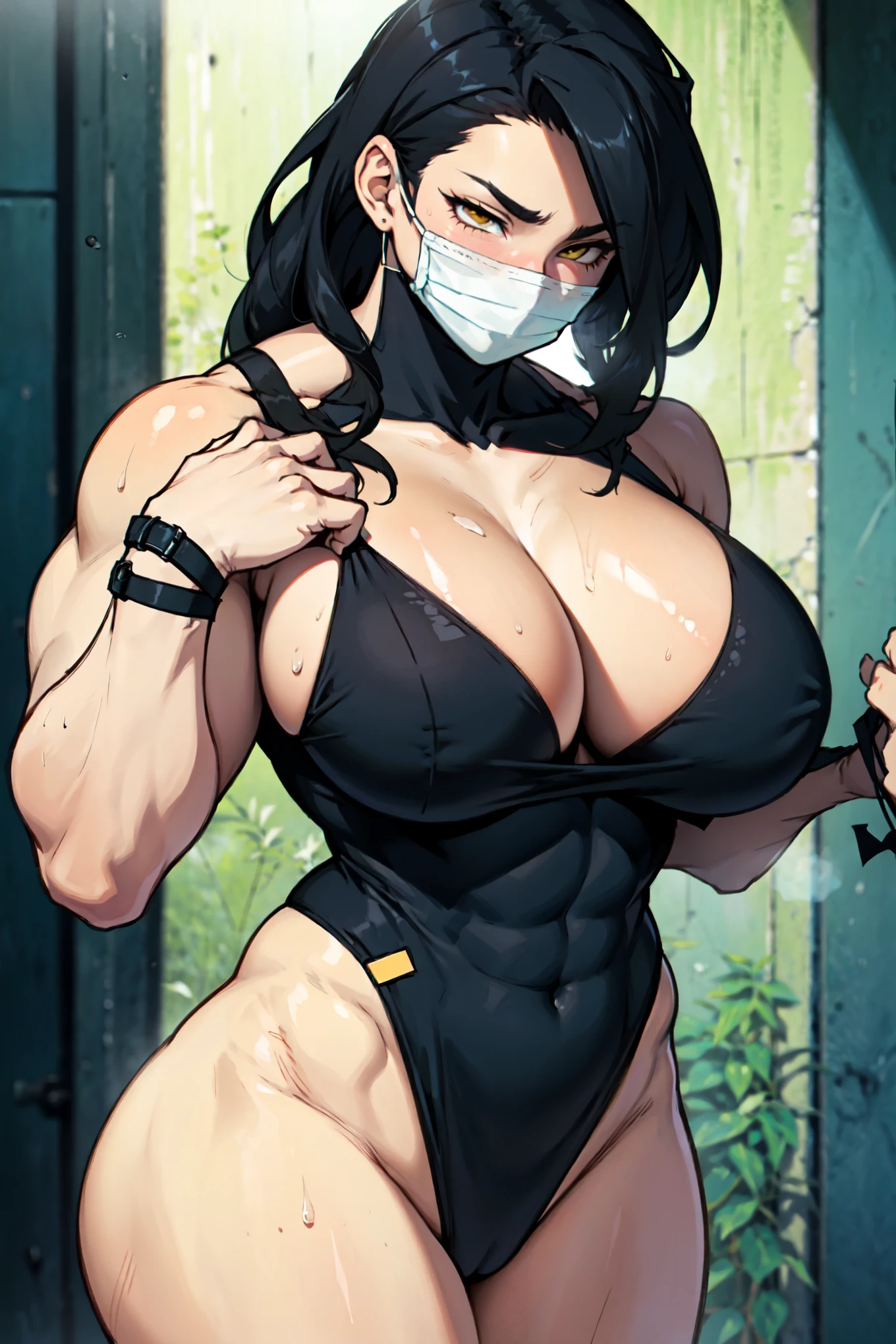 empty eyes embarrassed girl female huge breasts breasts pale skin 1girl muscular toned body huge breasts thick thighs black hair yellow eyes bodybuilder