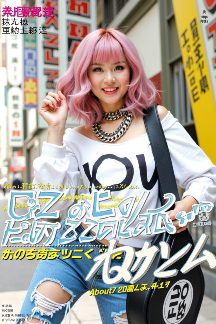 Poster layout for adult video, with text on screen: "(20 years old) Born in Kyoto Prefecture Experience playing guitar for 6 years Aspiring musician who came to Tokyo from Kyoto to pursue her dreams She sings for her dreams... We pick her up because we want to see her have sex! The vocalist of an amateur band was so cute... We picked her up, started dating her, and persuaded her to make her AV debut! Vocal of the am ADULT ENTERTAINMENT UNITES THE WORLD AS ALWORL.(((Japanese woman carrying a large black guitar case))), 26 year old adult woman wearing a black crew neck top with large English letters on her chest and short blue jeans posing for a photo, busty female porn actor, dynamic pose, model pose for rock music magazine, unimaginably beautiful woman with slender curves, Japanese female fashion model, (((very bright pink hair))), happy, thick chain jewelry around neck and arms, (((in front of a strip theater in Asakusa))), pure and beautiful smile, intelligent face, slender curves, big breasts, wearing a black t-shirt, a very small leather jacket, denim shorts, (((extreme low angle))), null, building, carrying a black guitar case with a guitar strap attached