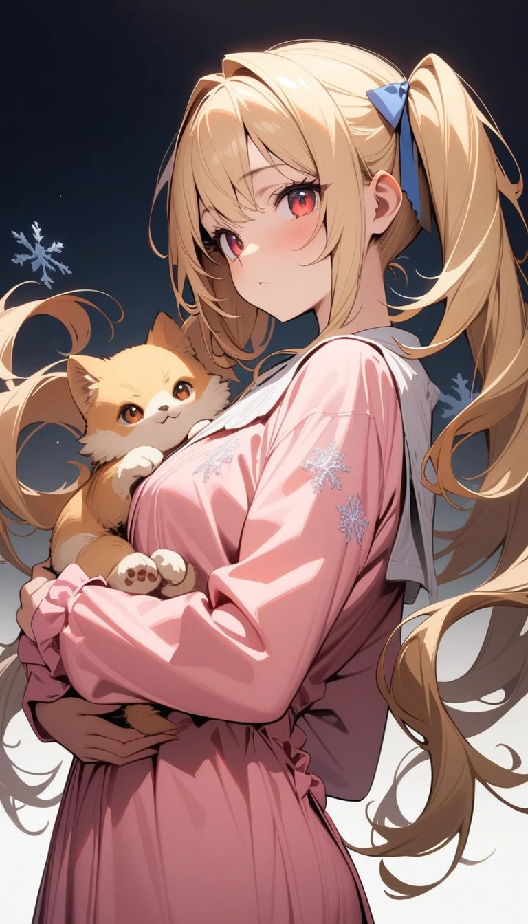((best quality)) , ((masterpiece)) , (detailed),A cute blonde anime girl with red eyes and long hair in pigtails. She is wing pink pajamas covered in the style of white snowflakes. There is an animal on her shoulder. She has blue ribbons tied to the back of each . The background is a cl sky.