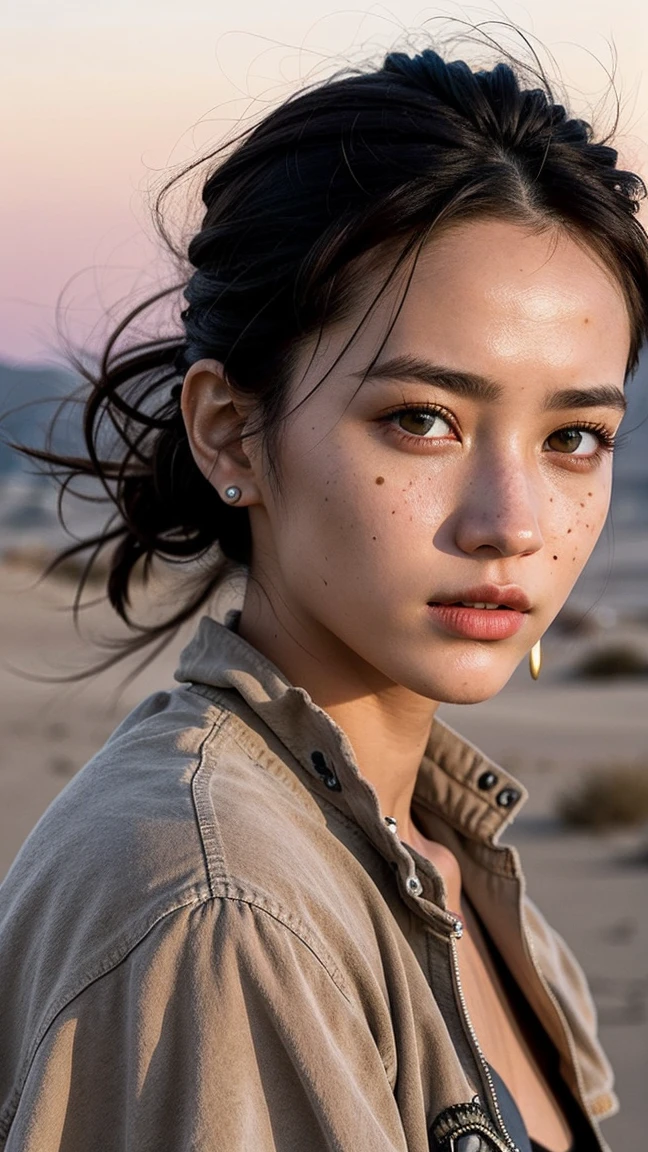 masterpiece, Transition to a desert landscape at sunset, a lonely figure, A beautiful 32-year-old American woman emerges wearing beautiful post-apocalyptic nomadic clothing., White skin, by rubio, gray blue eyes, Freckles in the face, slim body for running, small breasts, Very detailed face, ultra realistic face, very beautiful face, clean but tired face, post-apocalyptic clothing. Layers of tattered fabric, unconventional accessories, and a worn appearance create an aura of survival and resistance., 16k, ultra high resolution.photorealistic, HD, raw, DSLR, with the face of jeniffer lawrence
