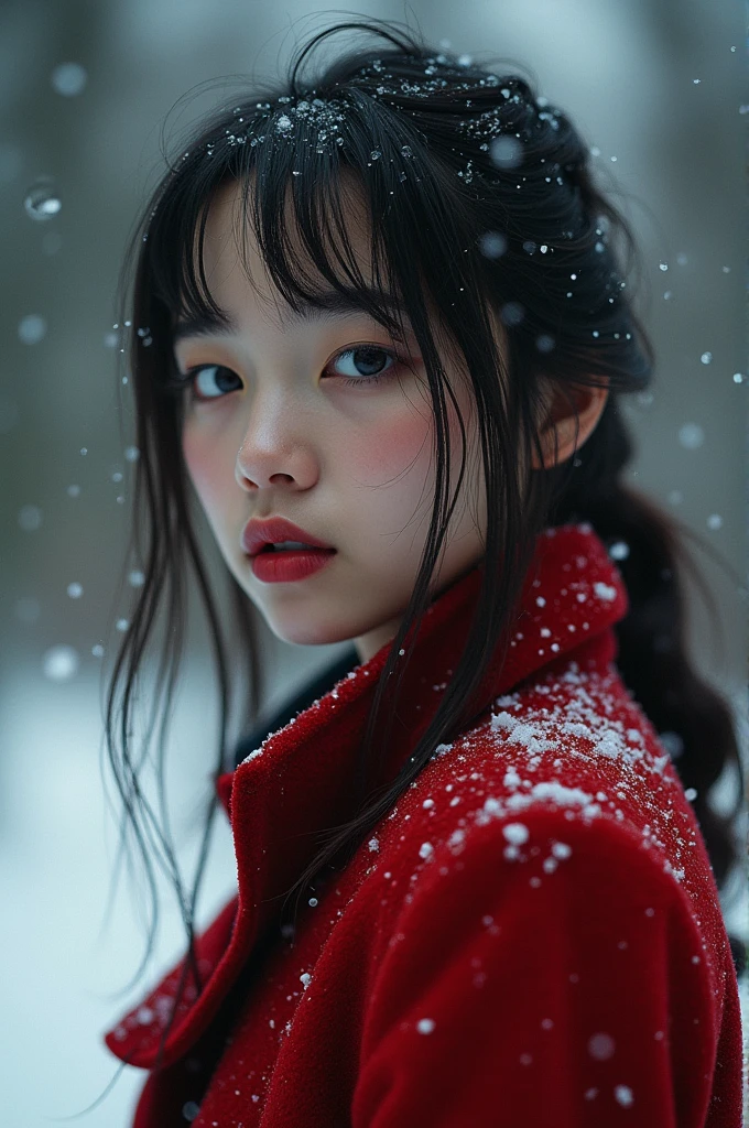 ((( masterpiece ))), (((Highest quality))), ((Very detailed)), (photograph), ((Very delicate and beautiful )),High resolution,
One Girl, Age 25,
(Detailed eyes), (Detailed facial features), (Detailed Weapons), (Detailed fingers), (Leg Details),
(Eyes visible through hair), ((Drunk Eyes)) , (Embarrassing :1.2),
(Toothless smile),(((Fuller lips))),
(Snow Scene),(Upper Body),Red coat,
((Dim Light)),((Film Grain)), ((Single-lens reflex camera)), ((35mm lens focal length))