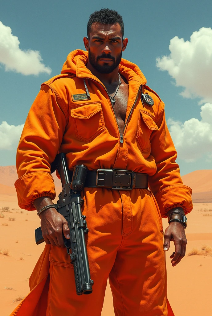 One orange colour personer dress man with one desert eagle gun