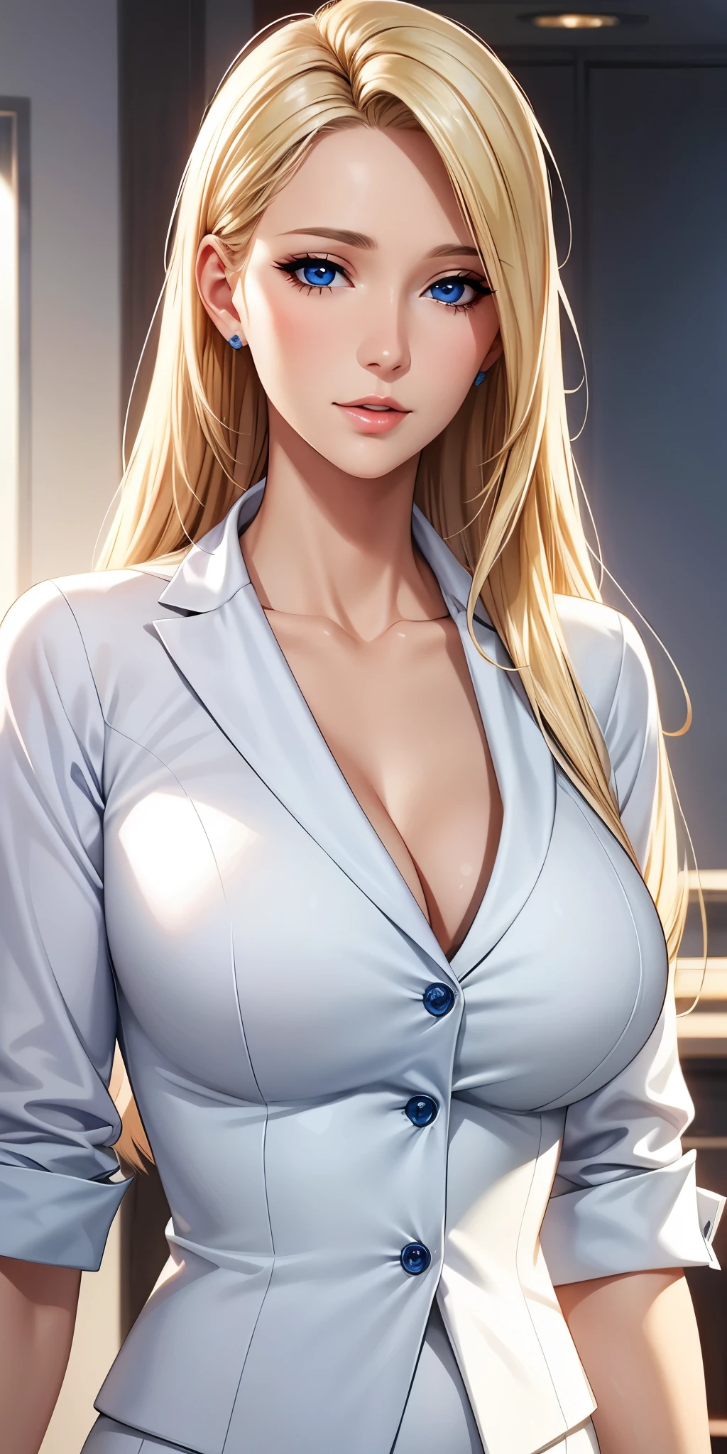 Elegant mature woman, milf, blue eyes, blonde hair, soft light, 4k resolution, high quality, beautiful cg