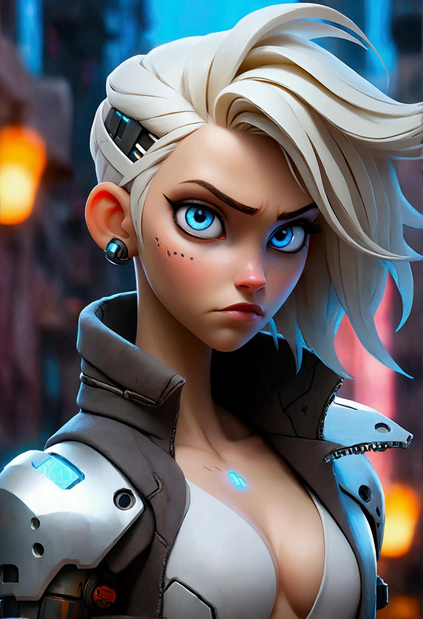 ((best quality)), ((masterpiece)), (detailed), perfect face, a beautiful woman with withe hair and a sky blue reflection, with sky blue eyes in a cyberpunk city with sky blue lights and she is half cyborg with no clothes.