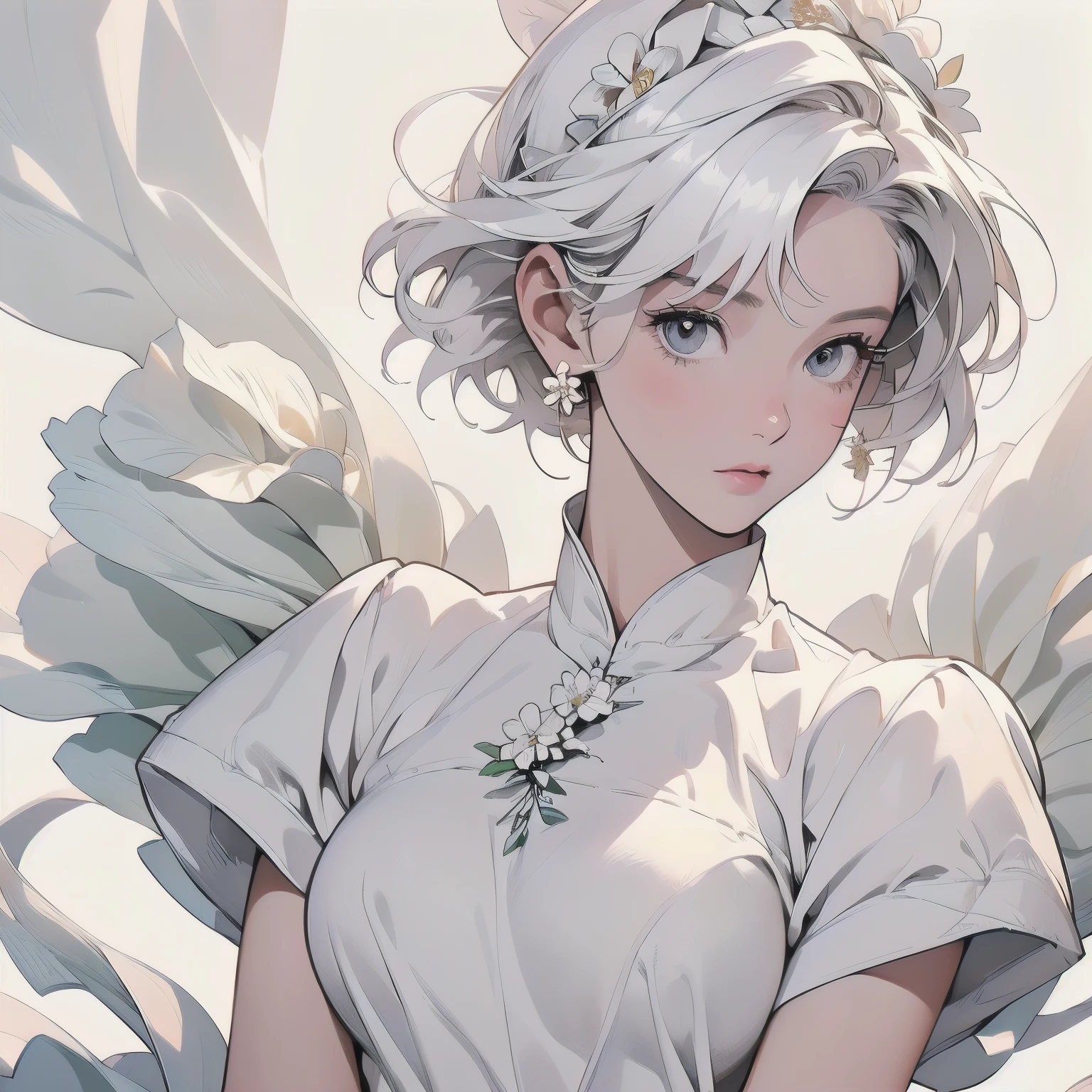 (((trigun)))、Persona、Beautiful woman, Upper Body、Model Pose、Small breasts、Short sleeve、(((white hair))),Lots of flowers、Angel、(((Wear a white cloth on your head)))、detailed hair, (((White flower)))、Fluffy cloth、Big white ribbon