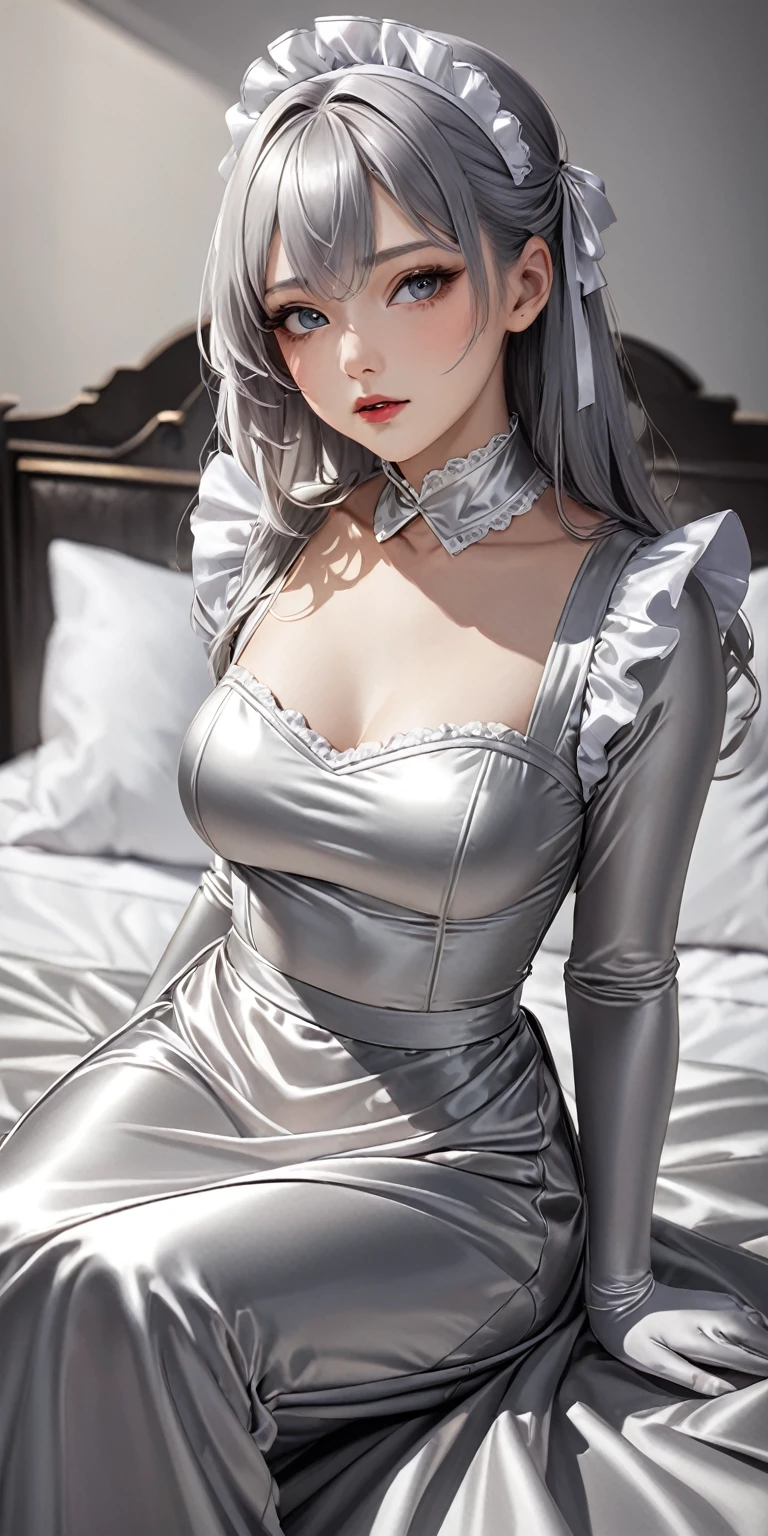 Portraiture、(masterpiece,Highest quality,Ultra-high resolution),Japanese women, (((Very beautiful 25 year old girl)))、(She is wearing a shiny light silver satin long sleeve maid outfit..)、The dress has a simple design without any patterns...、(((A long skirt made of pale silver satin.)))、Pale silver satin gloves、((Pale silver satin bodysuit))、Sitting on a satin bed