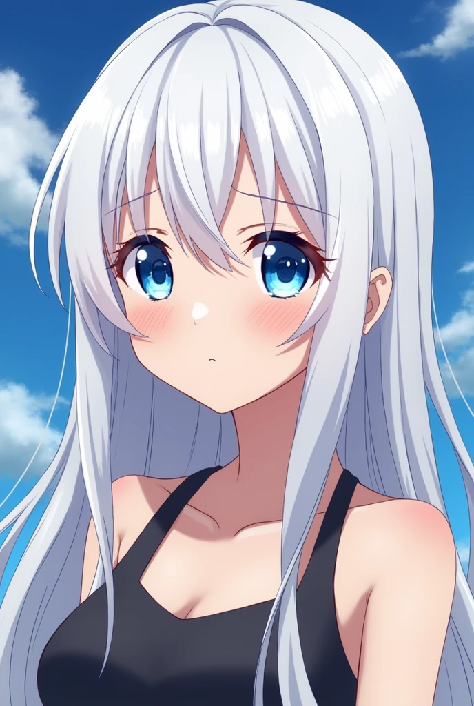 I want an anime style image of an 18 year old girl who has long white hair and blue eyes.